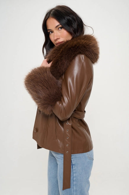 Chocolate Faux Leather with fur cuff & collar