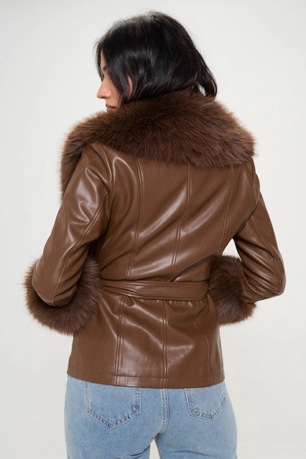 Chocolate Faux Leather with fur cuff & collar