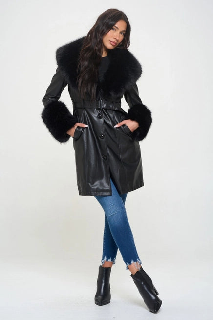 Faux Black leather Jacket with removable fur Collar & Sleeve